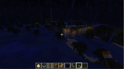 A lit corner created by changes in terrain algorithms. (The corner, that is: the lights I added a year or two ago.)