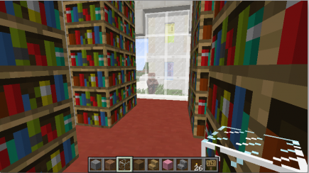 Inside the library, with one of the villagers keeping track of me