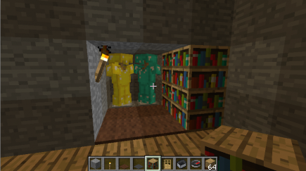 Armor and bookshelves in the back alcove
